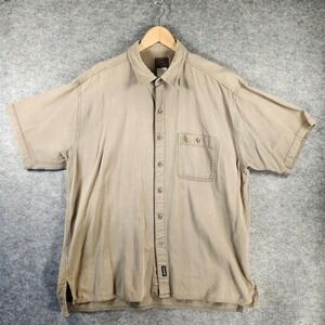 Duxbak Mens XL Short Sleeve Button Up Shirt Tan Khaki Textured Knit Hunting